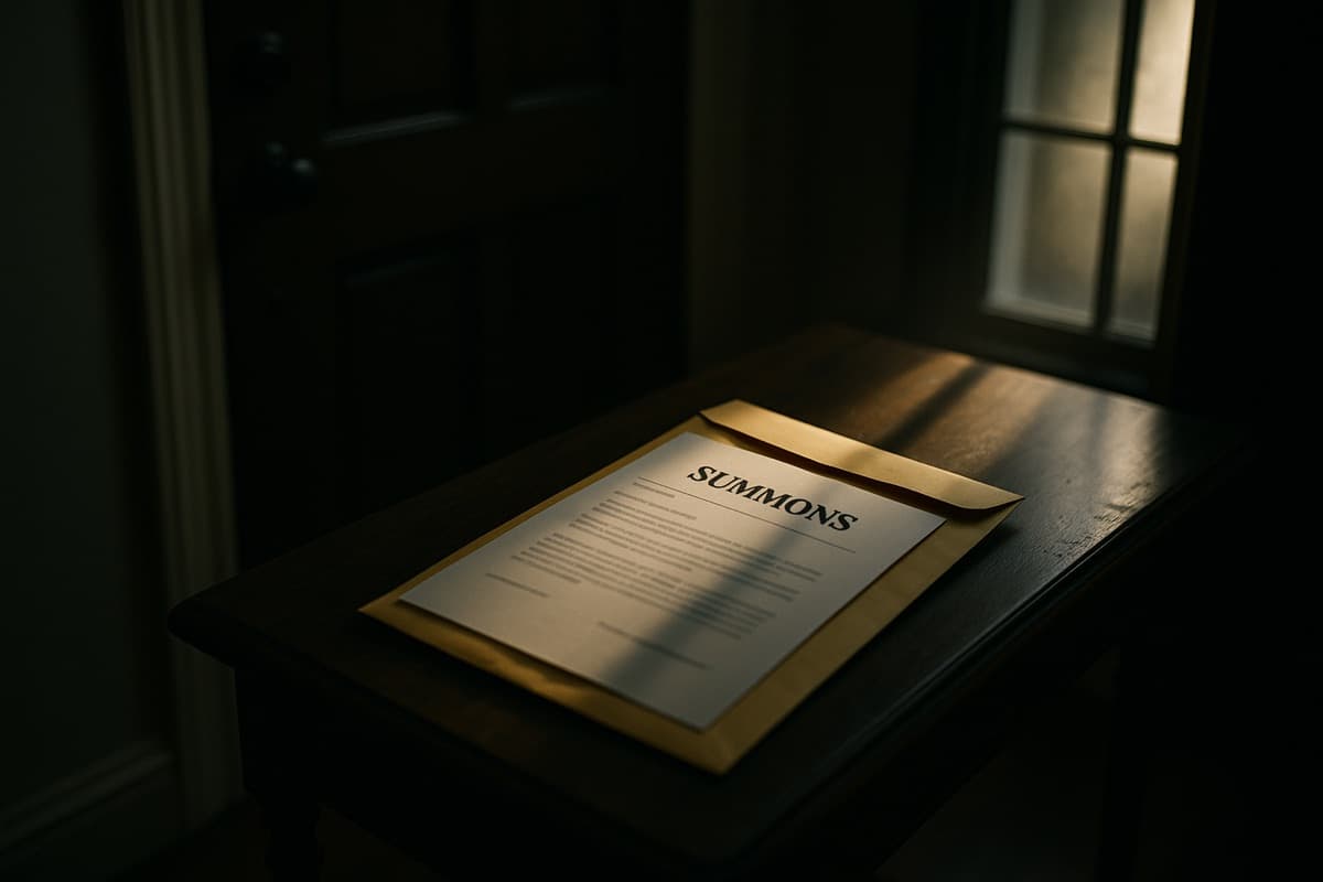 A court summons waiting on an entryway table